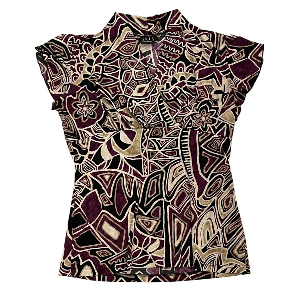 Vintage Y2K cap sleeve geo print Medium USA made purple black v-neckβ 90's